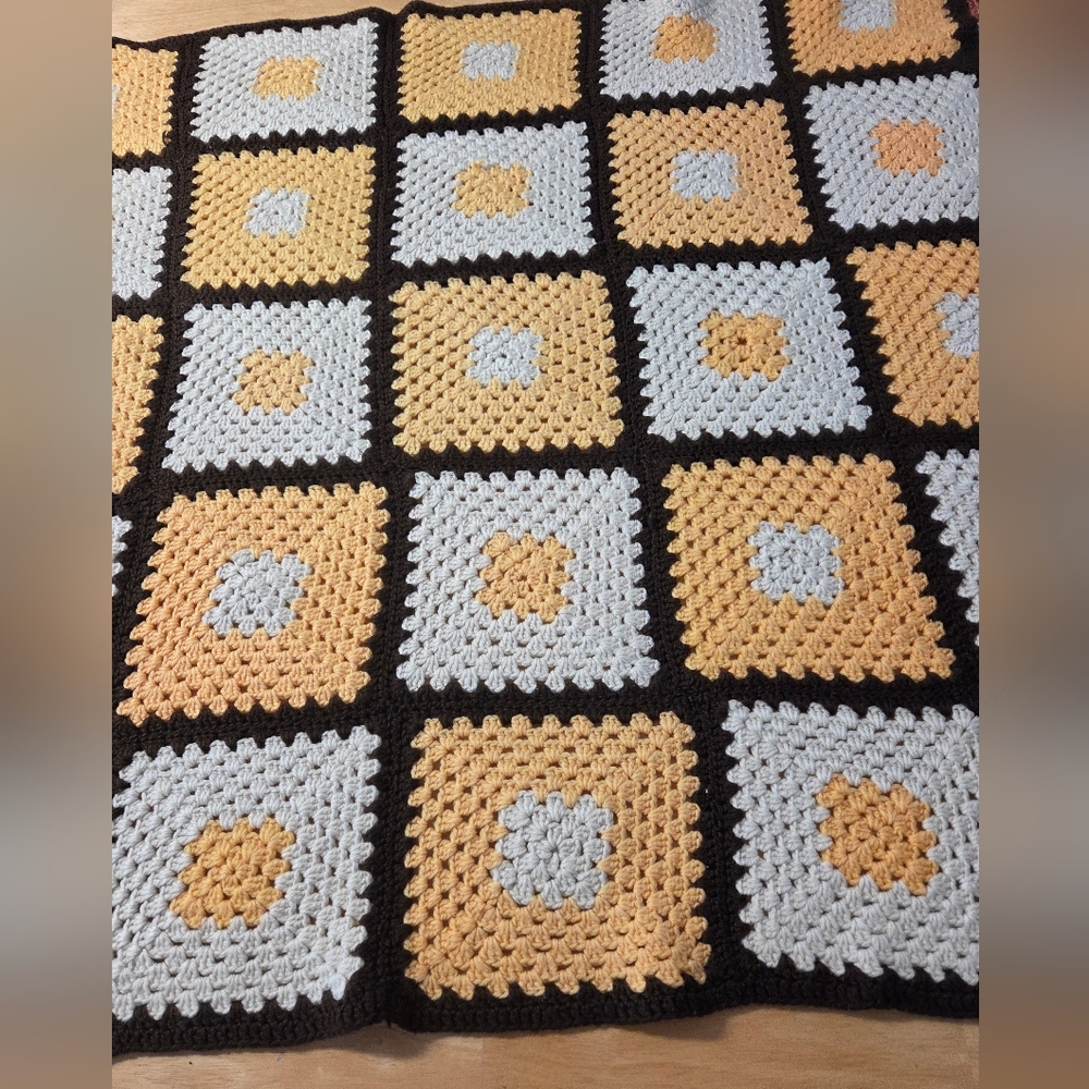 Handmade Crochet Granny Square Blanket 54x40 | Chocolate Peach Cream - Picture 3 of 7